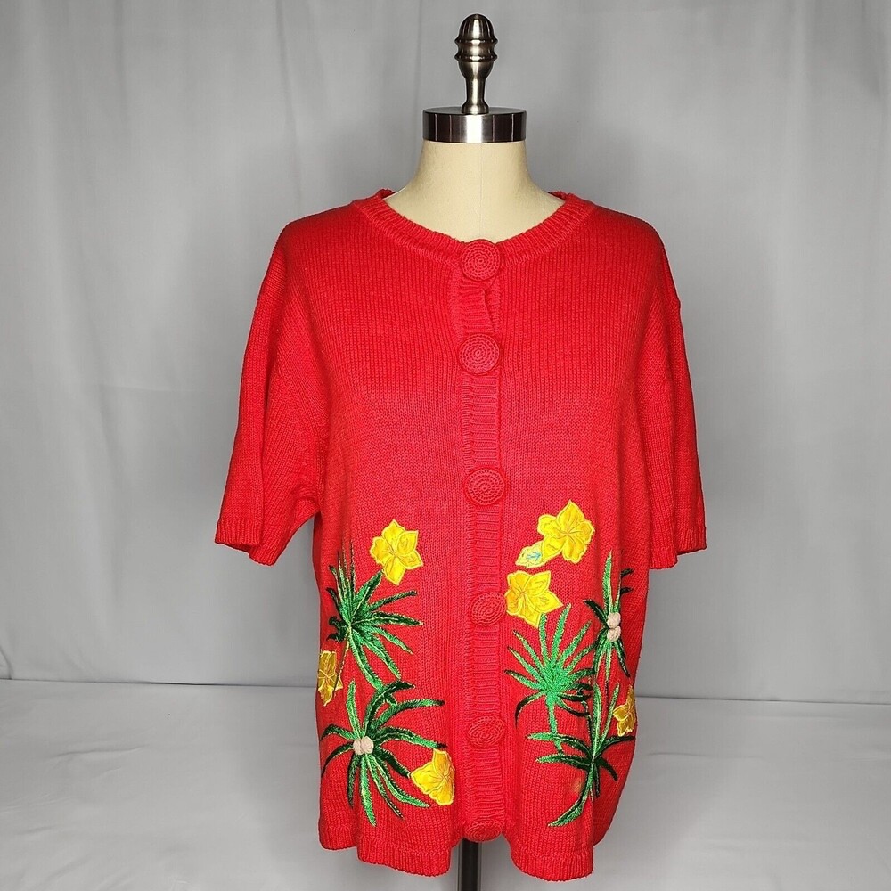 VTG Designers Studio Originals 2X Red Tropical Short Sleeve Sweater Embroidered